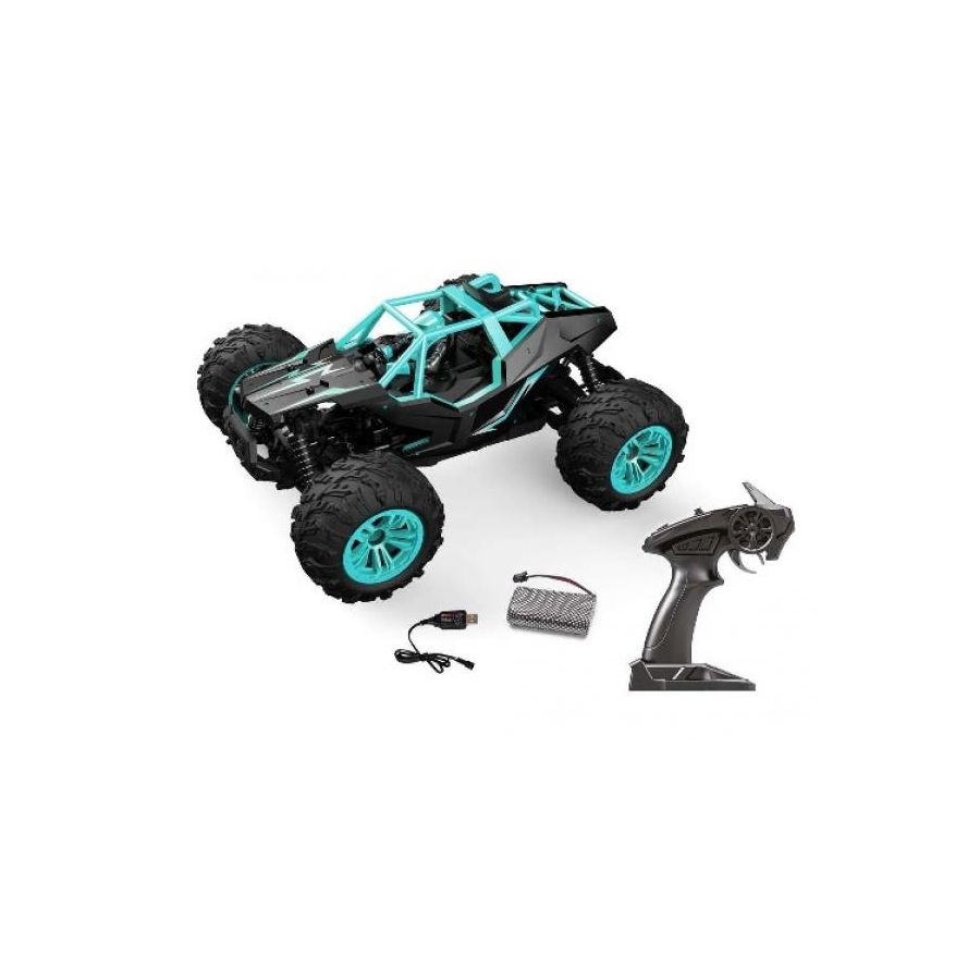 Ferngesteuertes Offroad-Auto mit türkisen Akzenten, großen Reifen, Fernbedienung, Akku und Ladegerät auf weißem Grund.
