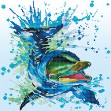Pixel-Art eines Delfins, der durch eine Welle springt, umgeben von blau-grünen Wasserspritzern.