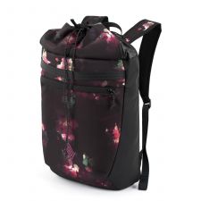 Schwarzer Rucksack mit pink-weißem Blumenmuster, Frontreißverschluss und verstellbaren Schulterriemen.