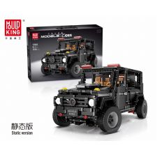 Box und aufgebautes schwarzes Mould King Offroad-Fahrzeug, Bausteinset 13084, Modell G65.