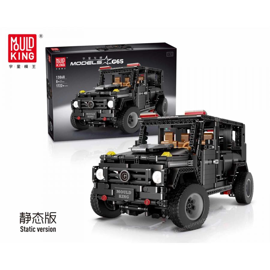 Box und aufgebautes schwarzes Mould King Offroad-Fahrzeug, Bausteinset 13084, Modell G65.