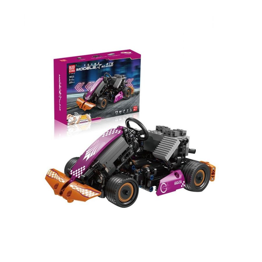 Lila-schwarzes Spielzeug-Rennauto mit orangen Akzenten, aufgebaut, daneben die Verpackung im Hintergrund.