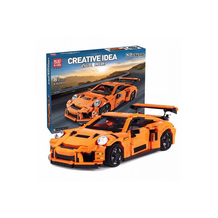 Oranges Sportwagen-Baukasten-Set mit passender Box im Hintergrund.