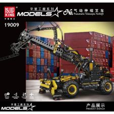 Modell eines pneumatischen Teleskopstaplers aus Bausteinen vor gestapelten Schiffscontainern.