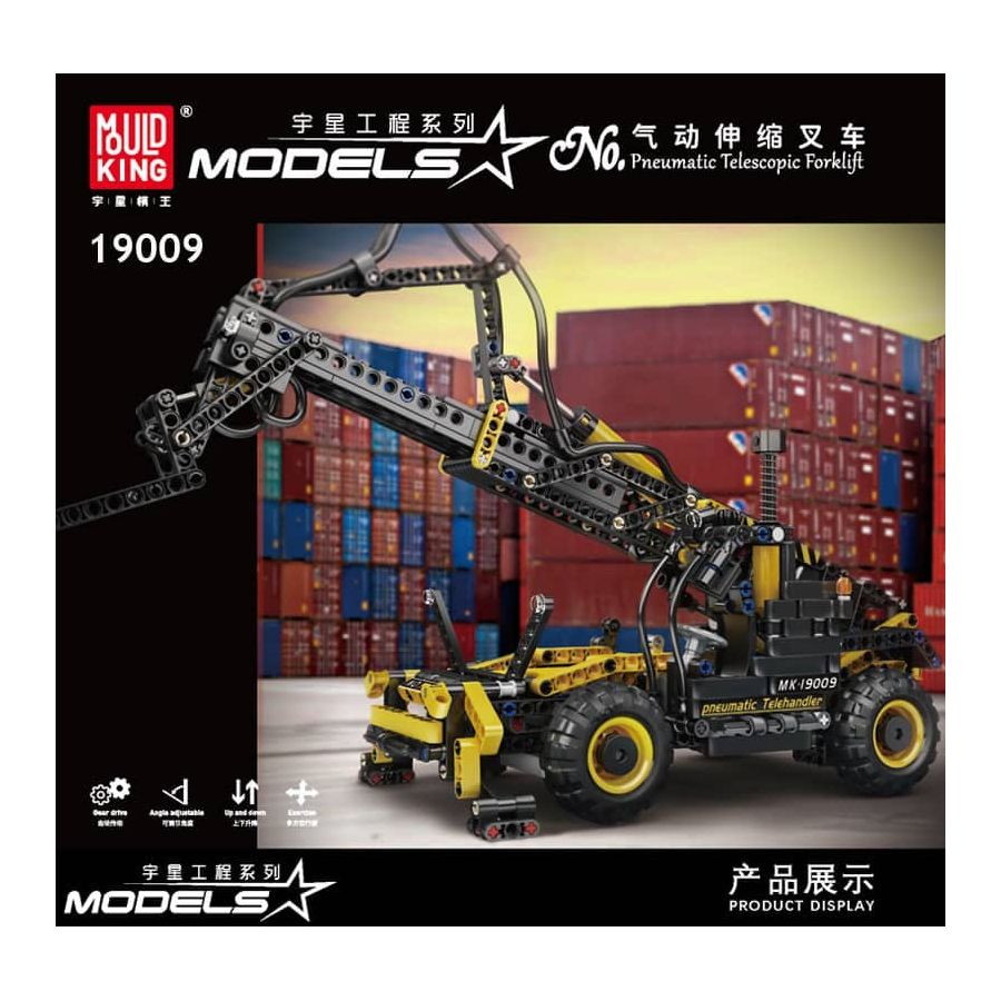 Modell eines pneumatischen Teleskopstaplers aus Bausteinen vor gestapelten Schiffscontainern.