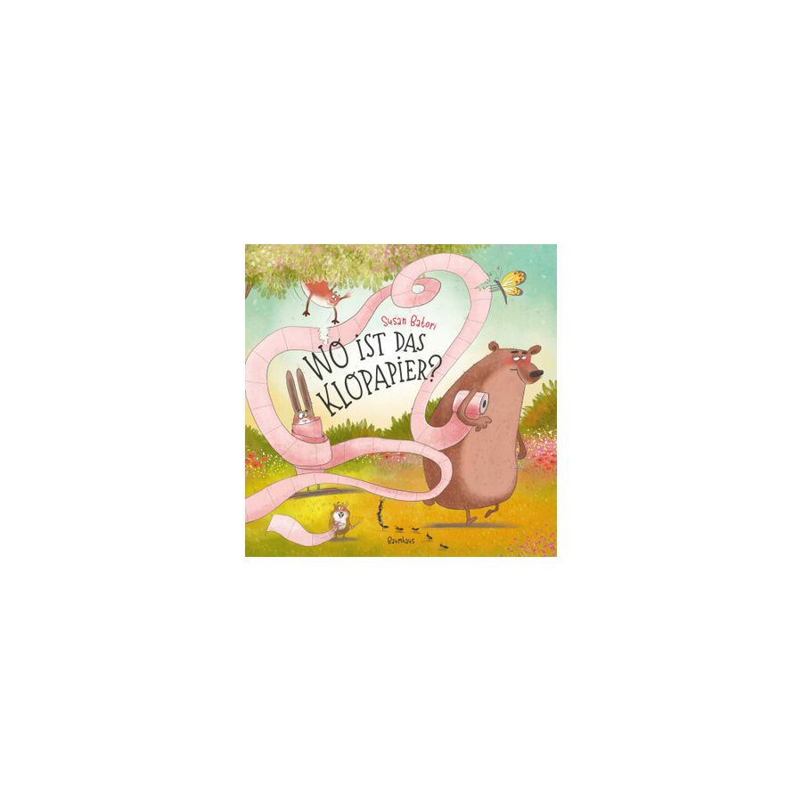Titelbild eines deutschen Kinderbuchs: Tiere halten im Freien eine lange Rolle Toilettenpapier. Titelbild eines deutschen Kinderbuchs: Tiere halten im Freien eine lange Rolle Toilettenpapier.