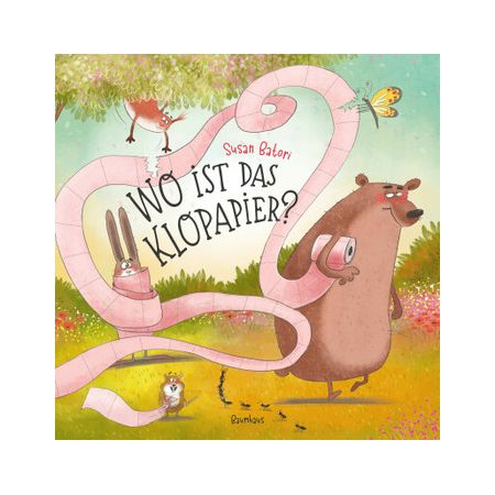 Titelbild eines deutschen Kinderbuchs: Tiere halten im Freien eine lange Rolle Toilettenpapier.