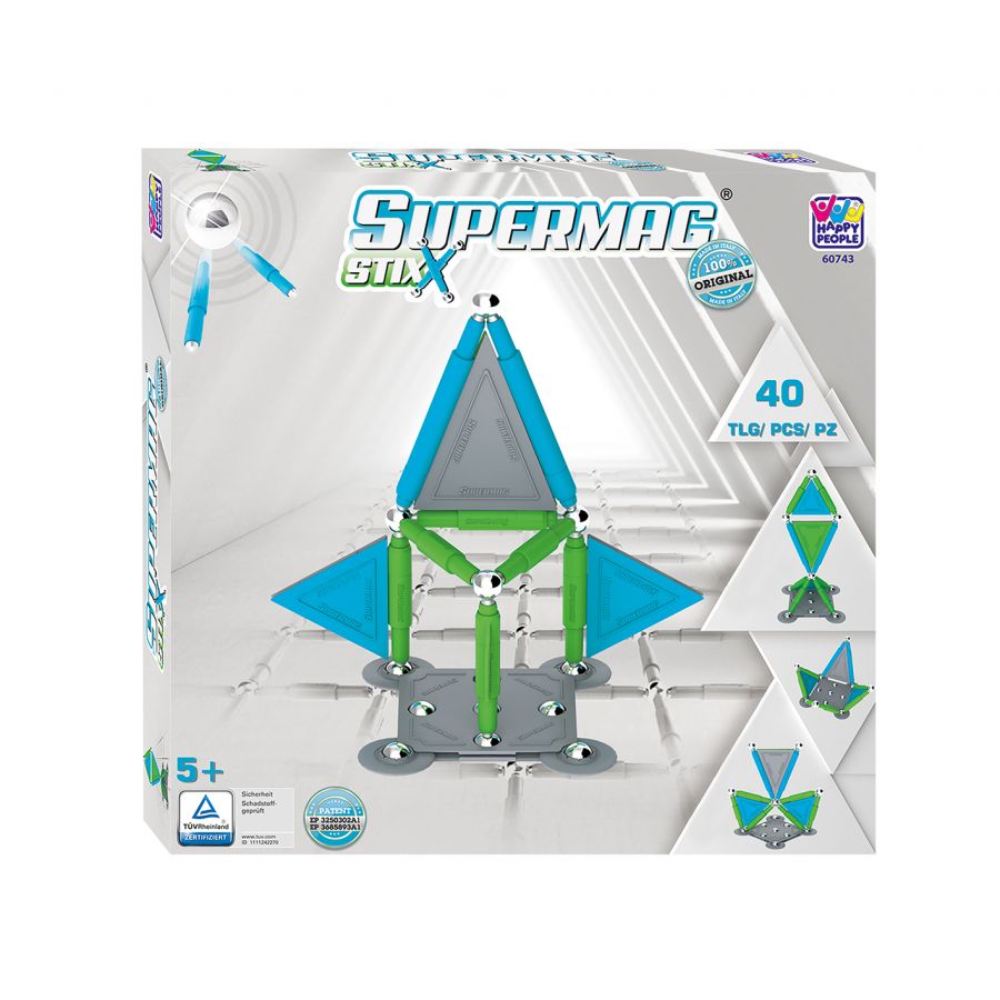 Supermag Stix, 40 Teile: Magnet-Baukasten ab 5 Jahren, Verpackung zeigt Konstruktionsbeispiele. Supermag Stix, 40 Teile: Magnet-Baukasten ab 5 Jahren, Verpackung zeigt Konstruktionsbeispiele.