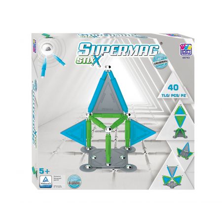 Supermag Stix, 40 Teile: Magnet-Baukasten ab 5 Jahren, Verpackung zeigt Konstruktionsbeispiele.