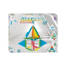 Box mit Supermag Colorstix Magnetbau-Set, zeigt bunte geometrische Formen und enthält 50 Teile.