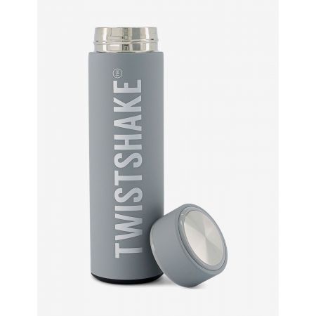 Graue Twistshake-Isolierflasche mit abgenommenem Deckel, der daneben liegt.