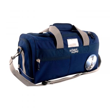 Dunkelblaue Sporttasche mit grauen Henkeln und Gurt sowie einem kleinen runden Mondbild an der Seite.