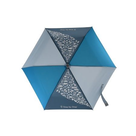 Blauer und grauer Regenschirm mit Blumenmuster auf zwei Segmenten, von oben vor weißem Hintergrund gesehen.