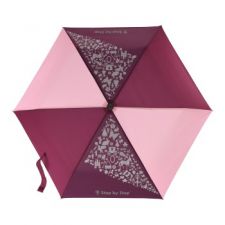 Von oben sichtbarer Regenschirm in Pink und Weinrot mit floralen Mustern auf abwechselnden Segmenten.