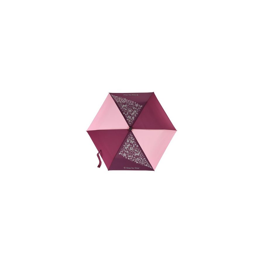 Von oben sichtbarer Regenschirm in Pink und Weinrot mit floralen Mustern auf abwechselnden Segmenten. Von oben sichtbarer Regenschirm in Pink und Weinrot mit floralen Mustern auf abwechselnden Segmenten.