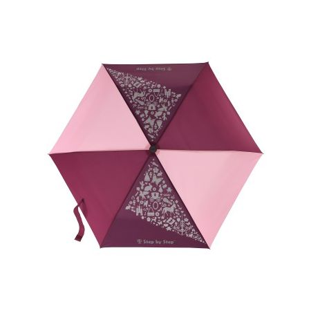 Von oben sichtbarer Regenschirm in Pink und Weinrot mit floralen Mustern auf abwechselnden Segmenten.