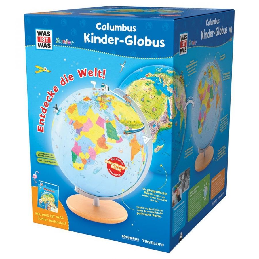 Verpackung eines Columbus Kinder-Globus mit bunter Weltkarte und verspielten Illustrationen für Kinder. Verpackung eines Columbus Kinder-Globus mit bunter Weltkarte und verspielten Illustrationen für Kinder.