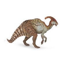 Modell eines Parasaurolophus mit braun-beigem Streifenmuster und gebogenem Kamm auf dem Kopf.