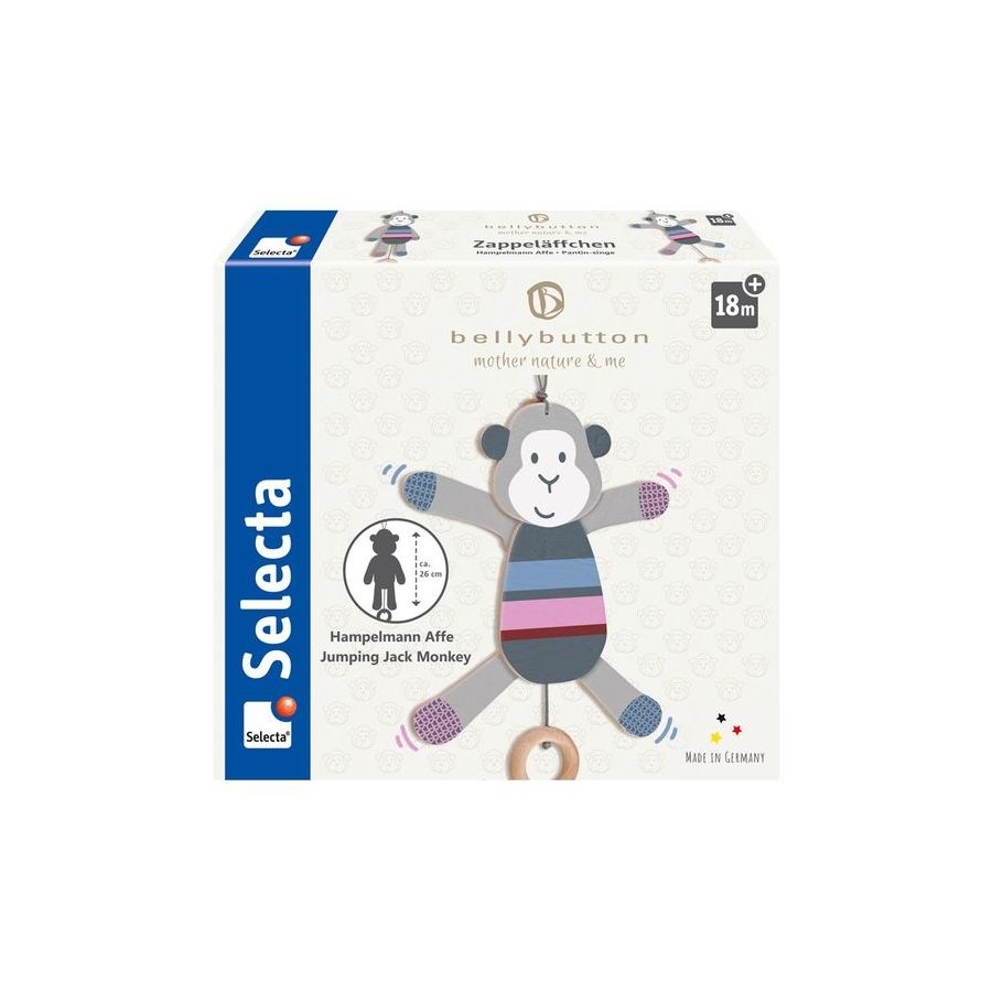 Selecta Jumping Jack Monkey Spielzeugbox mit lachendem Affenbild, geeignet ab 18 Monaten. Selecta Jumping Jack Monkey Spielzeugbox mit lachendem Affenbild, geeignet ab 18 Monaten.