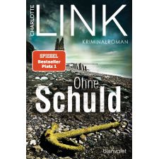 Buchcover von Ohne Schuld von Charlotte Link mit felsigem Strand, altem Anker und dunklen Wolken.