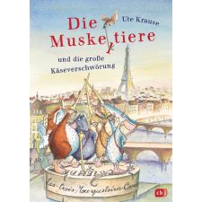 Drei Mäuse als Musketiere stehen mit erhobenen Schwertern auf Käse, im Hintergrund Paris und der Eiffelturm.