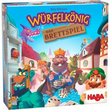 Bunte Spielebox mit gezeichnetem König, Würfeln, Figuren und Drache, Titel: Würfelkönig.