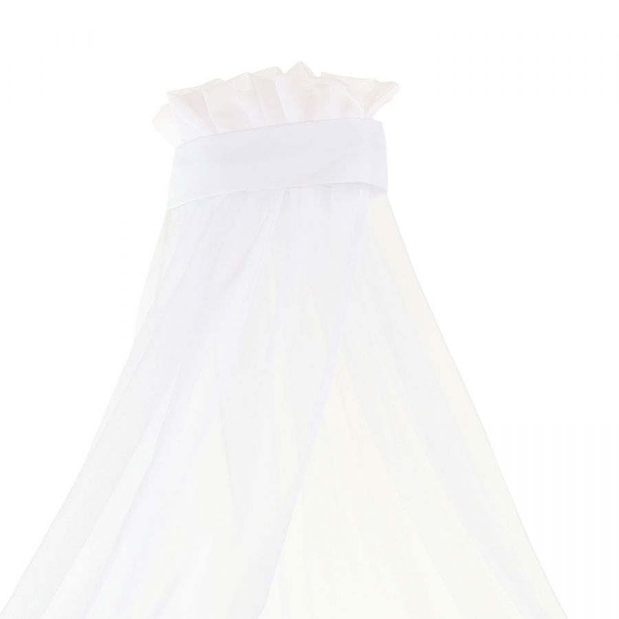 Transparenter, weißer Baldachin mit Rüschen am oberen Rand und breitem Band, der sanft nach unten fällt. Transparenter, weißer Baldachin mit Rüschen am oberen Rand und breitem Band, der sanft nach unten fällt.