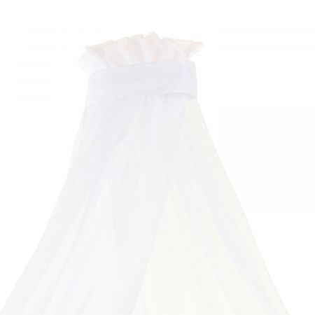 Transparenter, weißer Baldachin mit Rüschen am oberen Rand und breitem Band, der sanft nach unten fällt. Transparenter, weißer Baldachin mit Rüschen am oberen Rand und breitem Band, der sanft nach unten fällt.