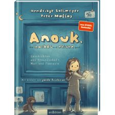 Buchcover von Anouk, die nachts auf Reisen geht: Ein Mädchen mit leuchtendem Teddy in einem gemütlichen Zimmer.