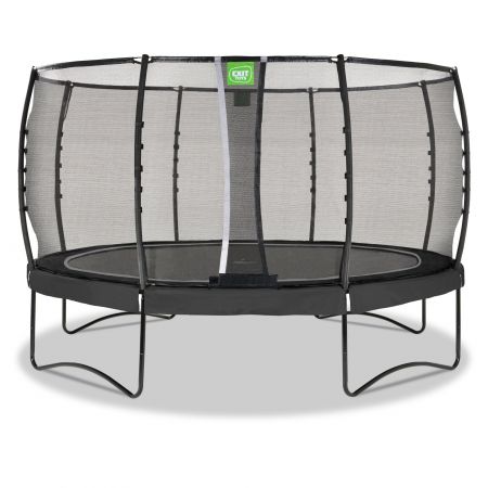Rundes, schwarzes Trampolin mit Sicherheitsnetz und Metallrahmen, frontal aufgenommen.