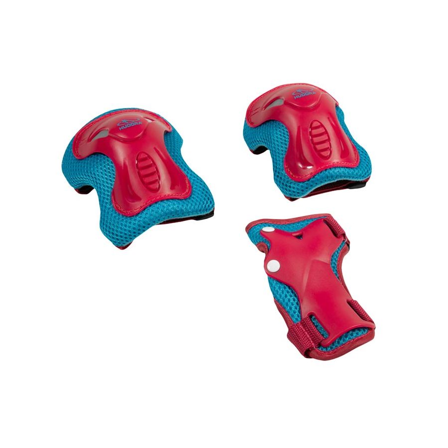 Rotes und blaues Schutzausrüstungsset mit zwei Polstern und einer Handgelenkschiene auf weißem Hintergrund. Rotes und blaues Schutzausrüstungsset mit zwei Polstern und einer Handgelenkschiene auf weißem Hintergrund.