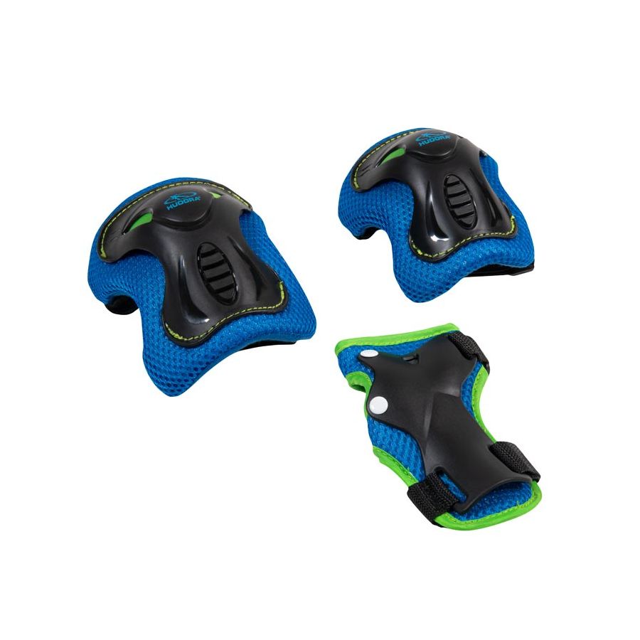 Blau-schwarzes Set aus Knie- und Handgelenkschützern mit grünem Rand auf weißem Hintergrund.