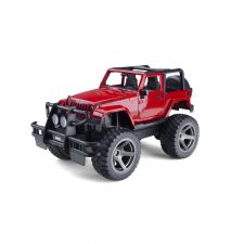 Rotes Spielzeug-Offroad-Jeep mit großen Reifen und schwarzem Detail, leicht nach links auf weißem Hintergrund ausgerichtet.