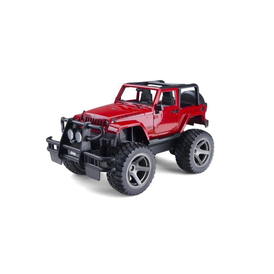 Rotes Spielzeug-Offroad-Jeep mit großen Reifen und schwarzem Detail, leicht nach links auf weißem Hintergrund ausgerichtet. Rotes Spielzeug-Offroad-Jeep mit großen Reifen und schwarzem Detail, leicht nach links auf weißem Hintergrund ausgerichtet.