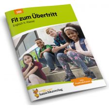 Vier lachende Kinder mit Rucksäcken sitzen draußen auf Treppen, auf dem Cover eines Deutsch-Arbeitshefts.