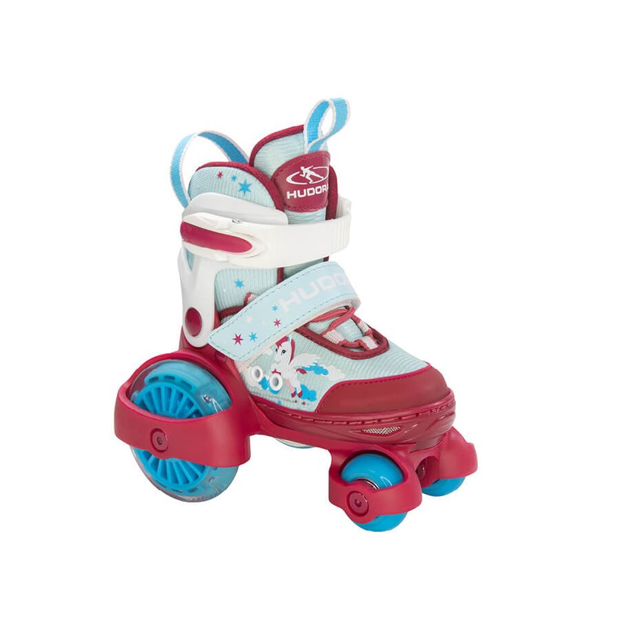 Kinder-Rollschuh in Rot, Weiß und Blau mit drei Rollen und Cartoon-Motiv an der Seite. Kinder-Rollschuh in Rot, Weiß und Blau mit drei Rollen und Cartoon-Motiv an der Seite.