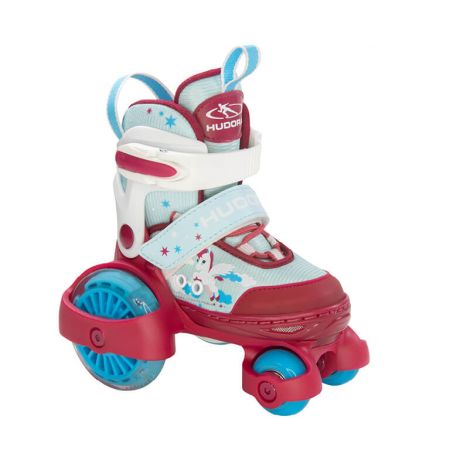 Kinder-Rollschuh in Rot, Weiß und Blau mit drei Rollen und Cartoon-Motiv an der Seite.