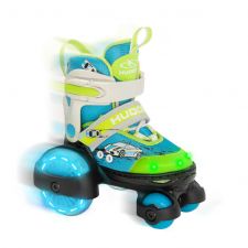 Blau-grüner Kinderrollschuh mit leuchtenden Rädern und einem Cartoon-Auto an der Seite.