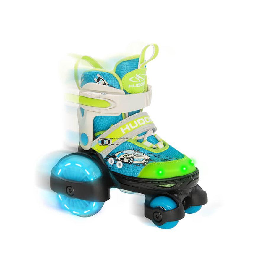 Blau-grüner Kinderrollschuh mit leuchtenden Rädern und einem Cartoon-Auto an der Seite.