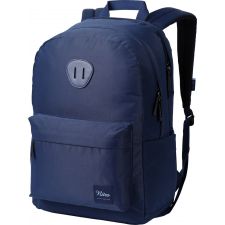 Dunkelblauer Rucksack mit Fronttasche, Tragegriff oben und schwarzen, gepolsterten Schulterriemen.