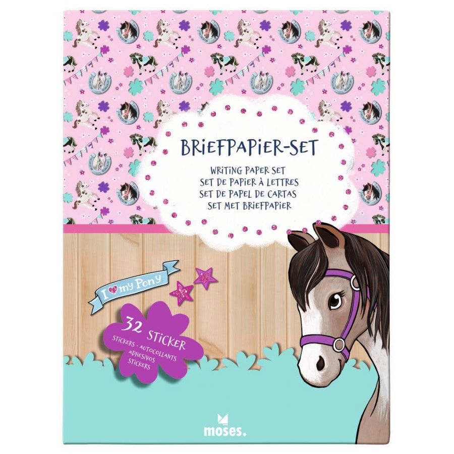 Schreibset mit Pferdemotiv, rosa Hintergrund und Aufdruck 32 Sticker auf der Vorderseite.