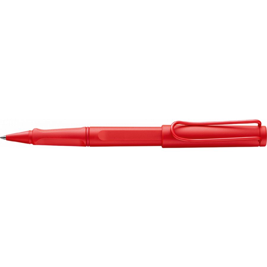 Roter Rollerball-Stift mit Clip, liegend auf weißem Hintergrund.
