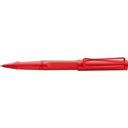 Roter Rollerball-Stift mit Clip, liegend auf weißem Hintergrund.
