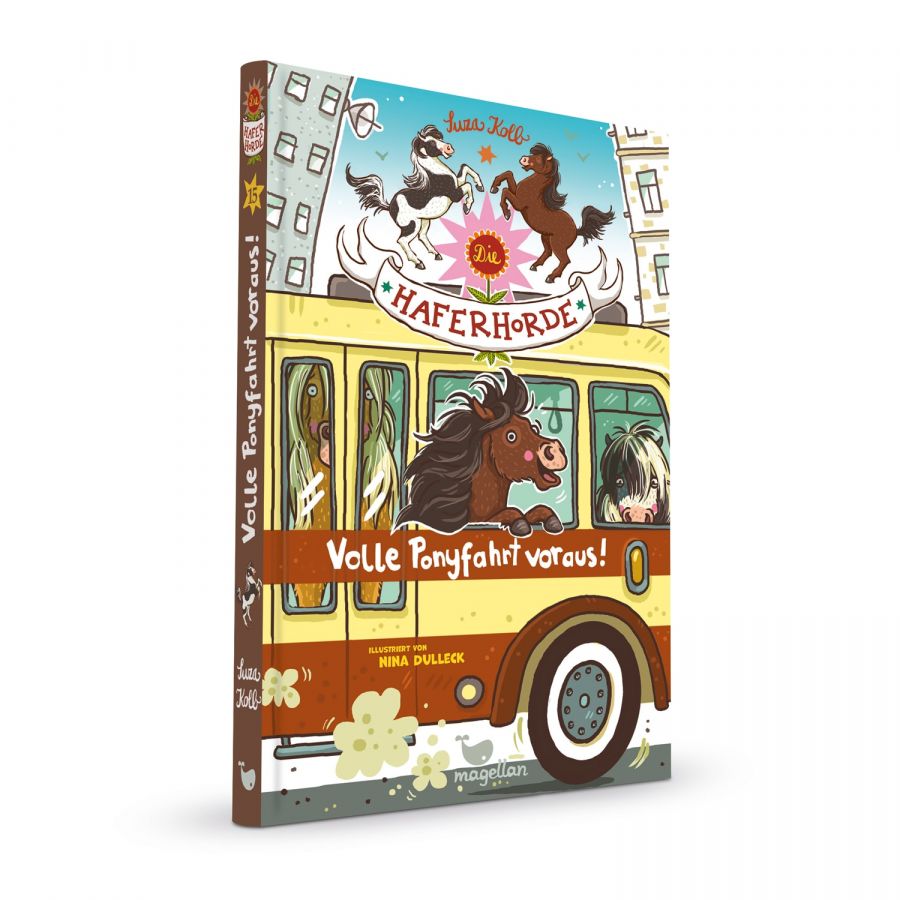 Buntes Buchcover: Ponys auf gelbem Bus, verspielte Illustrationen, deutscher Titel Volle Ponyfahrt voraus!. Buntes Buchcover: Ponys auf gelbem Bus, verspielte Illustrationen, deutscher Titel Volle Ponyfahrt voraus!.