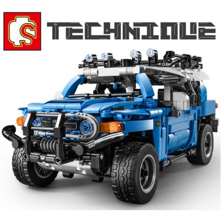 Blaues LEGO-Geländewagenmodell mit Dachscheinwerfern, unter TECHNICQUE-Logo oben links.