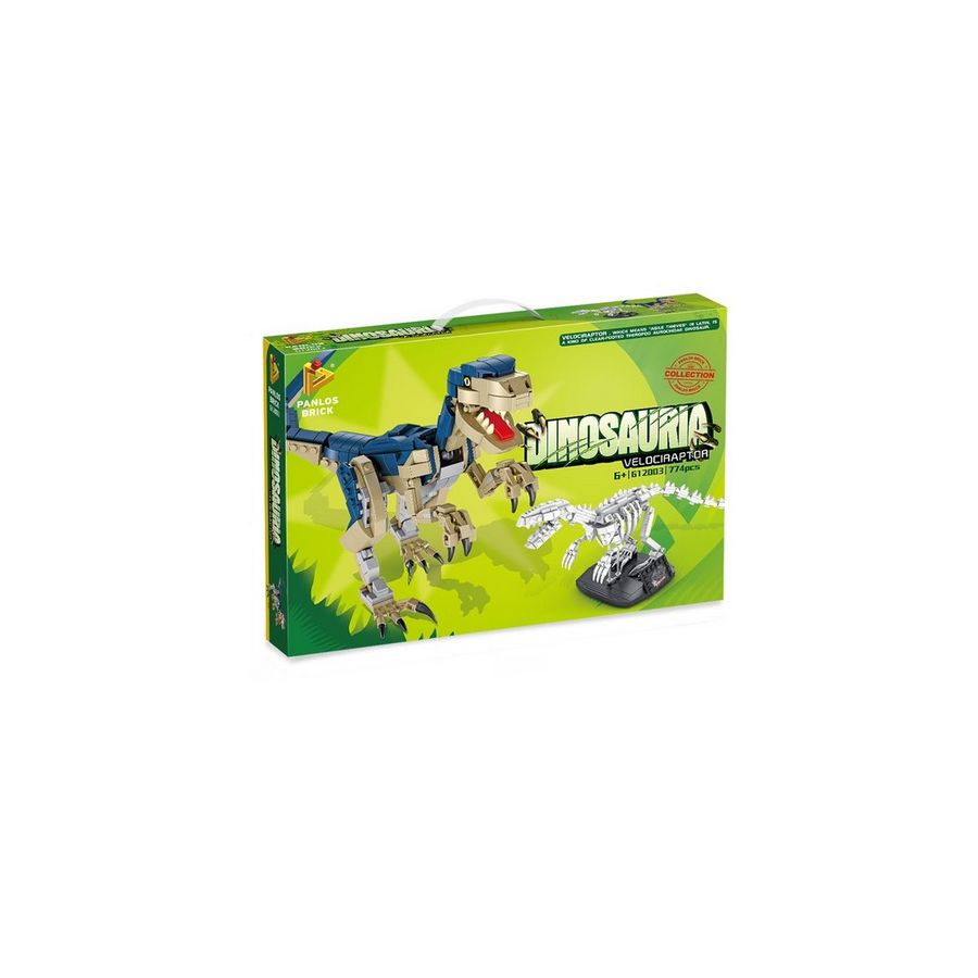 Spielzeugbox mit Dinosaurier-Roboter-Bausatz in grün-gelber Verpackung, beschriftet mit Dinosauria.
