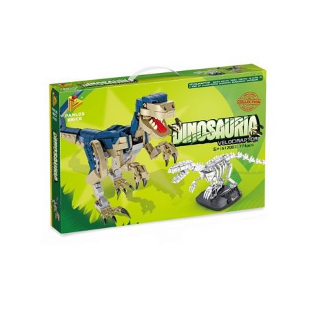 Spielzeugbox mit Dinosaurier-Roboter-Bausatz in grün-gelber Verpackung, beschriftet mit Dinosauria.