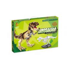 Grüne Box eines Dinosaurier-Bausets mit Abbildungen brauner und weißer Dinosaurier-Modelle auf der Vorderseite.