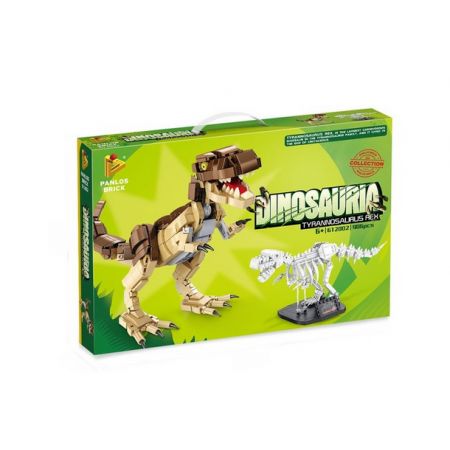 Grüne Box eines Dinosaurier-Bausets mit Abbildungen brauner und weißer Dinosaurier-Modelle auf der Vorderseite.