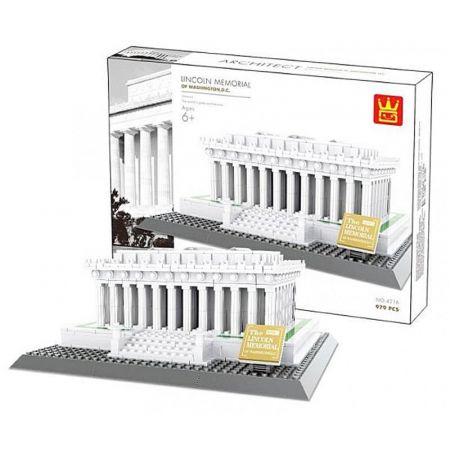 Weißes Baustein-Set des Lincoln Memorials, im Hintergrund ist die Verpackung zu sehen.